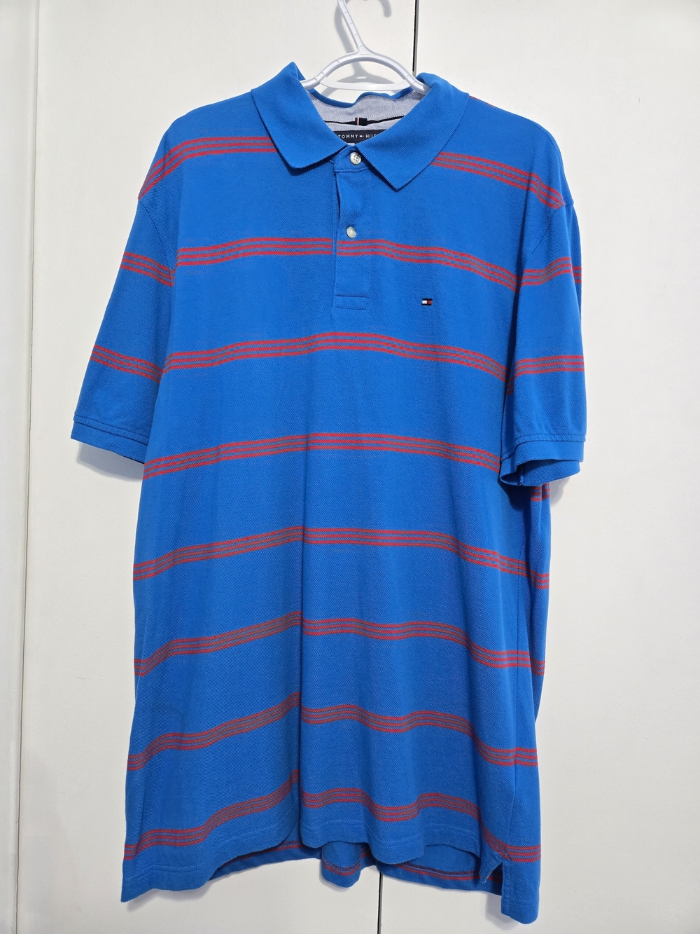 Tommyโ Hilfiger Classic Fit Polo Shirt Blue Red Striped XL Cotton Men's